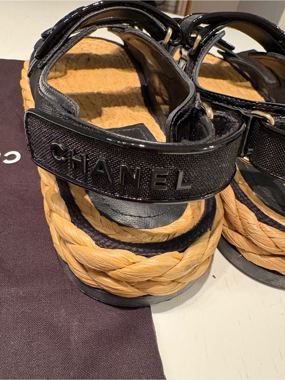 CHANEL Black Canvas and Natural Rope Espadrille Sandals - Picture 8 of 11